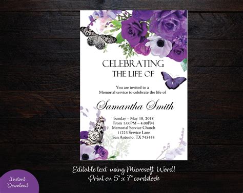 Purple Roses Butterfly Funeral Announcement Celebration Of Etsy