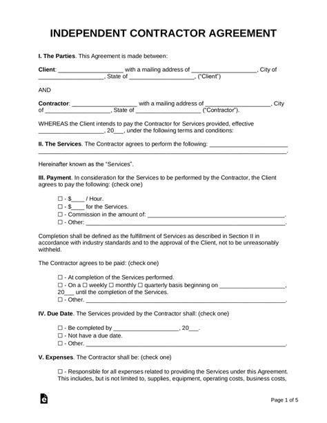 Printable Free Independent Contractor Agreement Template Word Pdf