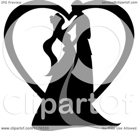 Clipart Of A Black Silhouetted Wedding Couple Dancing In Front Of A Heart Royalty Free Vector