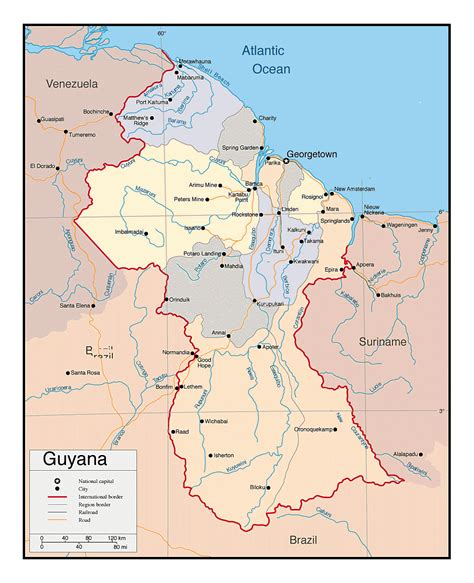 Detailed Political And Administrative Map Of Guyana With Roads And