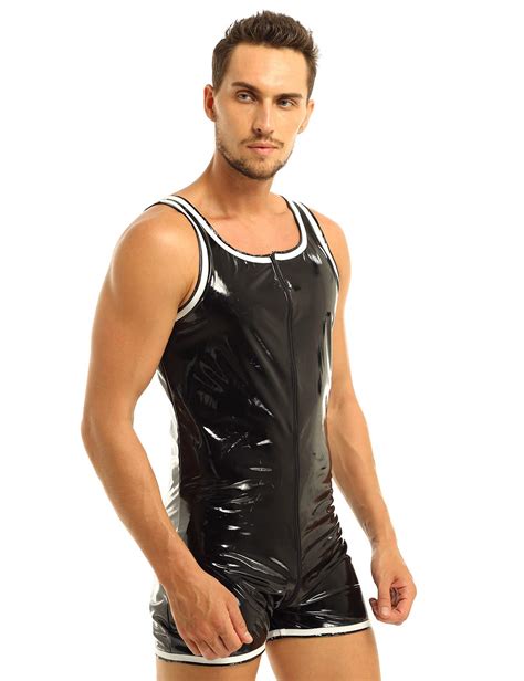 Spandex Costume Yizyif Mens Pvc Wet Look Leather Sleeveless Bodysuit Leotard Zipper Crotch