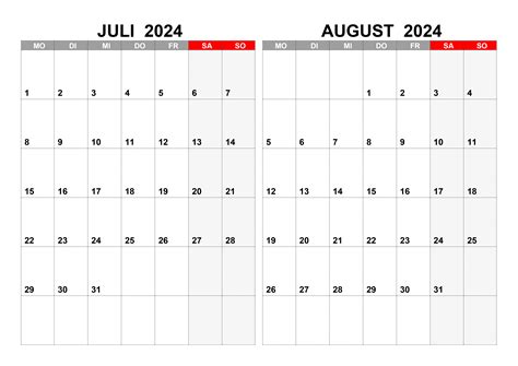 Kalender Für Juli August 2024 Kalendersu