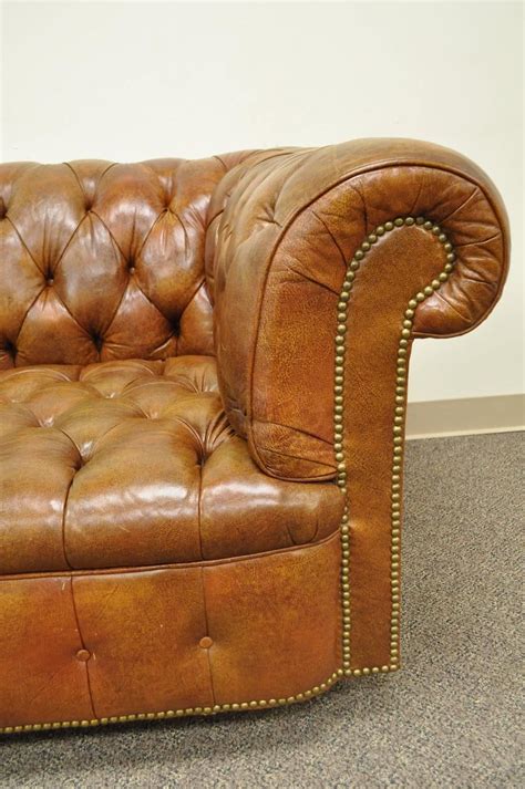Henredon Rolled Arm English Style Button Tufted Brown Leather