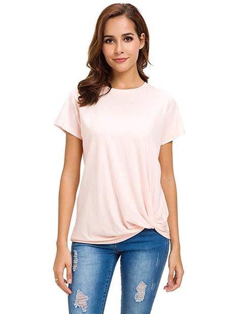 LUSMAY Womens Short Sleeve Loose Twist Knot Front T Shirts Cotton