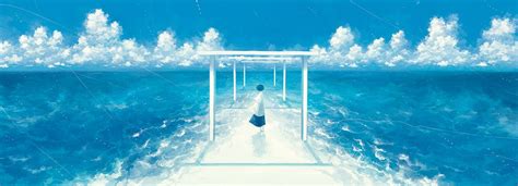 水平線は淡く揺らぐ Art Illustration Landscape Manga Scenery Anime Scenery Girl In Water