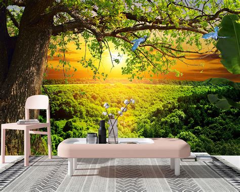 3d Sunshine Old Tree Scenery Self Adhesive Bedroom Wallpaper Wall