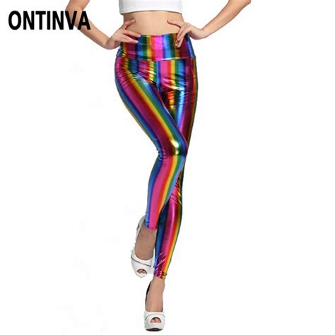 High Waist Rainbow Vertical Striped Leggings Women Wetlook Leggings