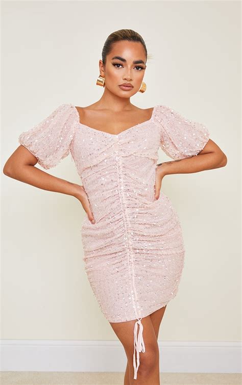 Petite Dusky Pink Sequin Ruched Bodycon Dress Prettylittlething Usa