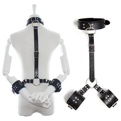 Black Bondage Gear Collar With Wrist Cuffs Restraints Rope Harness