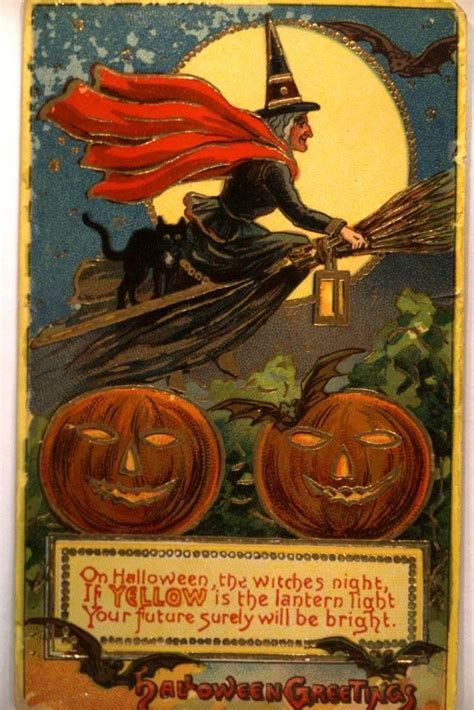 Witch Rides Broom And Two Pumpkins Halloween Postcard Circa 1910