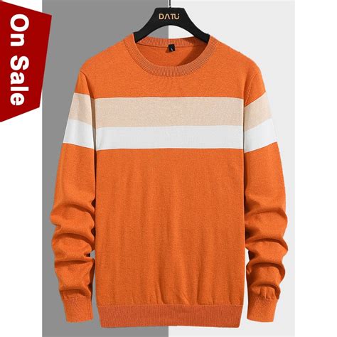 Blue Orange Stripes Sweater Cotton Pullover Sweater Orange Pullover