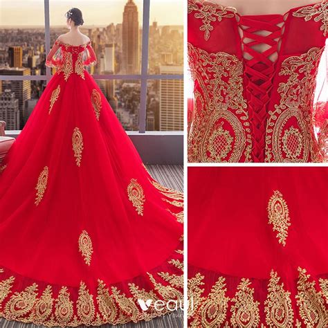 Chinese Style Red Wedding Dresses 2019 Ball Gown Off The Shoulder Gold Lace Flower 1 2 Sleeves