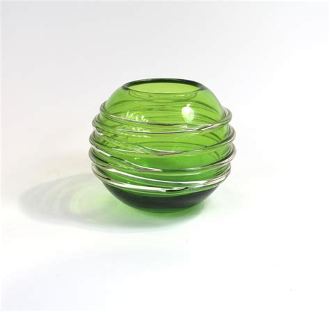 Blown Art Glass Sphere Vase Vivid Green Ball With Clear Wound Etsy