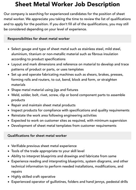 Sheet Metal Worker Job Description Velvet Jobs