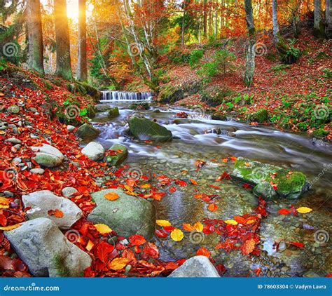 Mountain River With Rapids And Waterfalls At Autumn Time Time Stock
