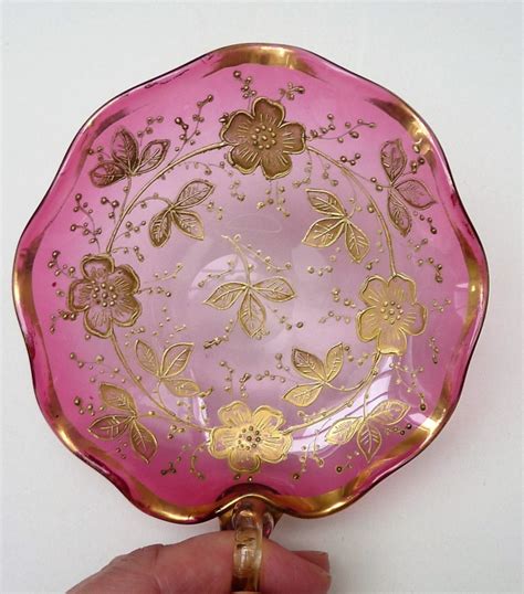 Moser Cranberry Glass Gold Enamel Bonbon Dish 19th Century 19th Century Cut Glass La Vitrine