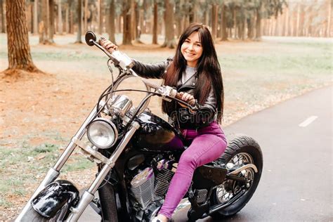 Beautiful Brunette Riding A Motorcycle In The Park Stock Image Image Of Happiness Brunette