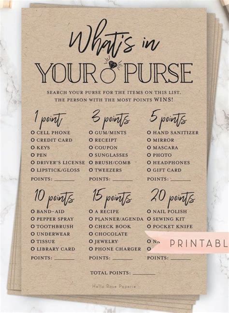 What S In Your Purse Game Printable Bridal Shower Game Rustic Kraft