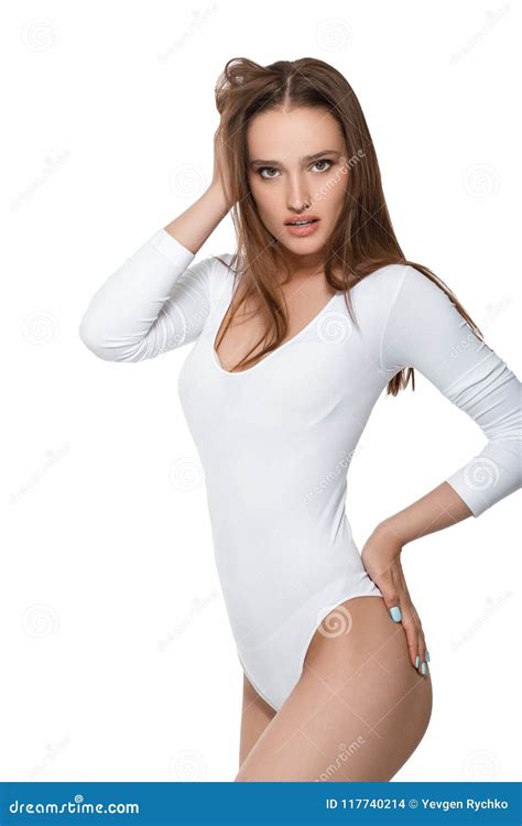 Beautiful Woman With Perfect Body In White Bodysuit Stock Photo Image Of Erotic Brunette