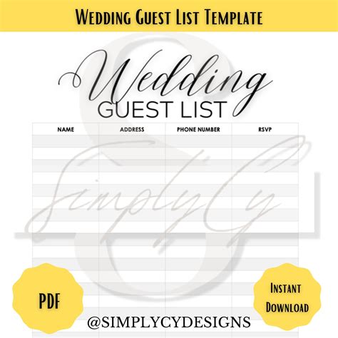 Wedding Guest List Printable Wedding Guest List Wedding Guest List