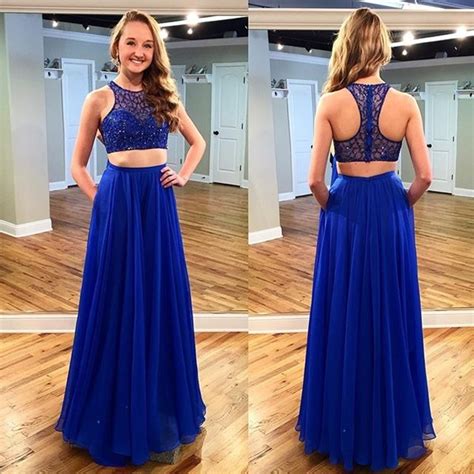 Royal Blue Beaded Prom Dresses Halter Illusion Prom Dress Floor