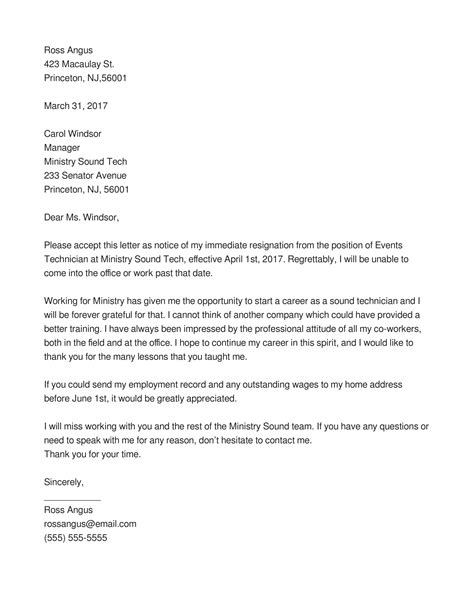 Letter Of Resignation Immediate Sample Resignation Letter