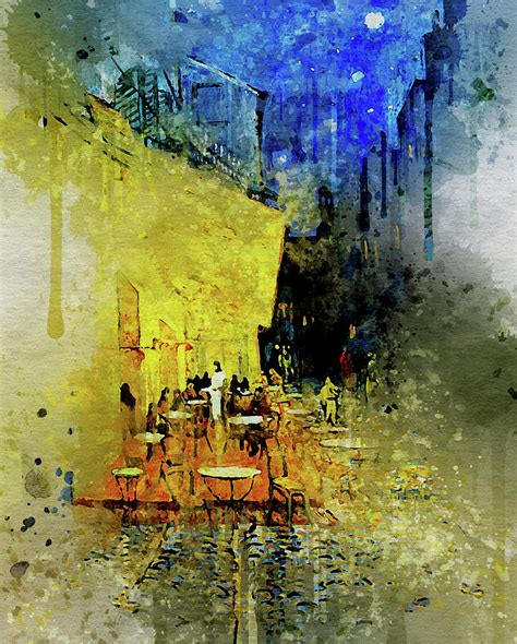 Vincent Van Gogh Cafe Terrace At Night Dripping Watercolor Remake