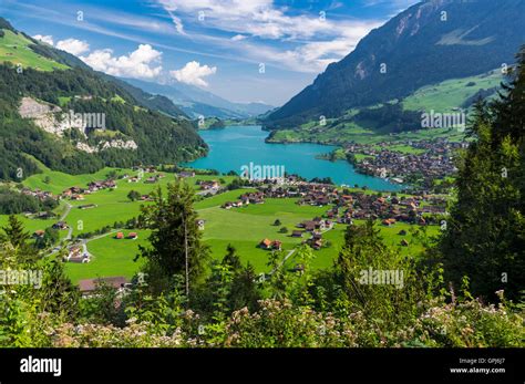 View Of The Town And Lake Of Lungern Obwalden Switzerland Framed By