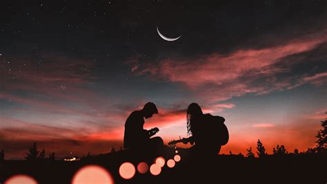 Couple Playing Guitar Silhouette Romantic Half Moon 5k
