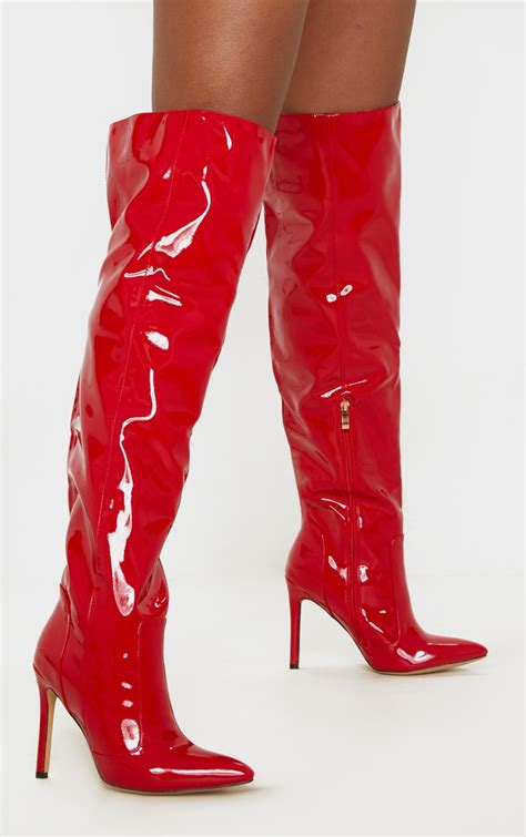 Red Patent Knee High Boot Shoes Prettylittlething Usa