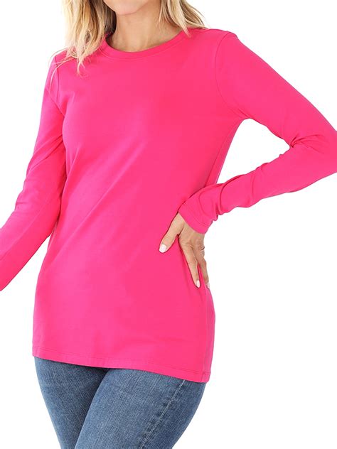 Zenana Women And Plus Basic Round Crew Neck Long Sleeve Stretch Cotton Spandex T Shirts Hot