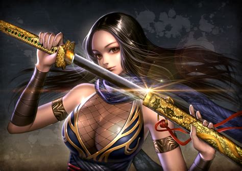 wallpaper long hair anime girls looking at viewer big boobs ninja katana cleavage sword