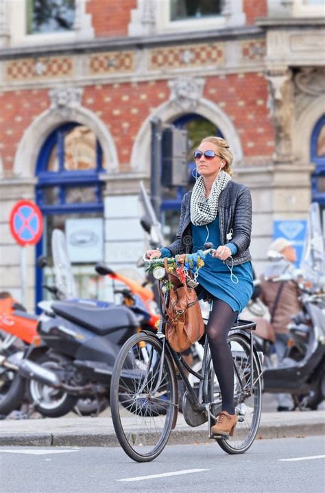 Dutch Blond Girl On Her Bicycle Amsterdam Netherlands Editorial Stock