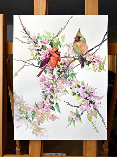 Suren Nersisyan Cardinals And Cherry Blossom Original Painting For