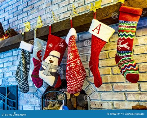 Six Christmas Stocking Hung By The Fireplace Stock Image Image Of