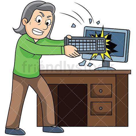 Furious Old Woman Smashing Computer Cartoon Vector Clipart