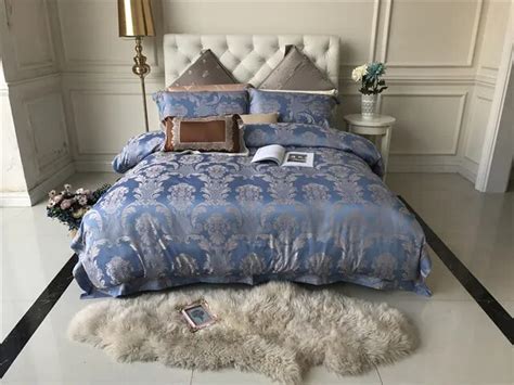 2017 Luxury Satin Silk Jacquard Bedding Sets Elegant Blue Bedsheet