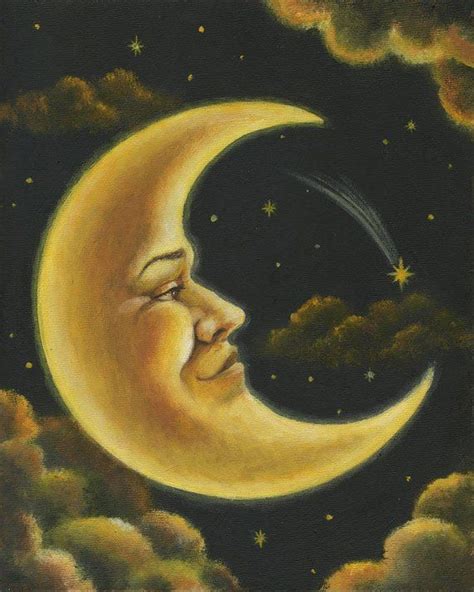 A Painting Of A Mans Face On The Moon With Clouds And Stars In The Sky