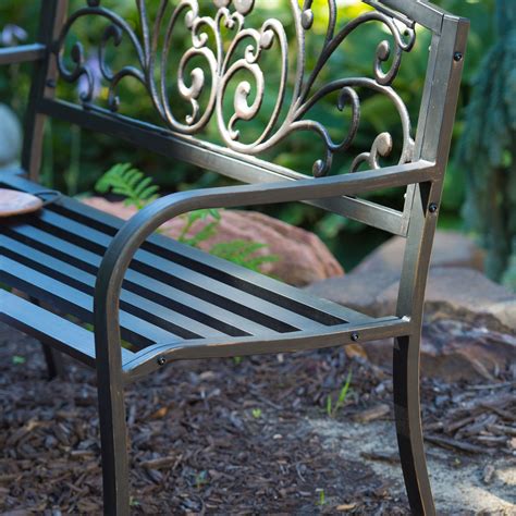 Curved Metal Garden Bench With Heart Pattern In Black Antique Bronze F
