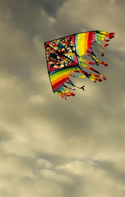 Dull Sky Brilliantly Colored Delta Kite Those Tail Streamers Are