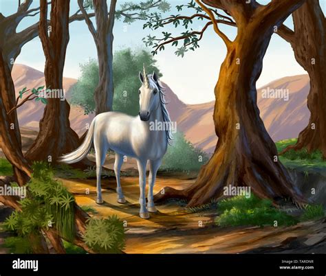 Unicorn Standing In A Beatiful Forest Original Digital Painting Stock