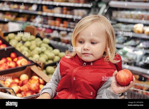 Adorable toddler girl sitting in shopping cart in food fruit store or