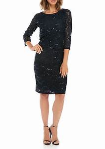Ronni 3 4 Sleeve Tier Sequin Lace Dress Textured Knit Dress