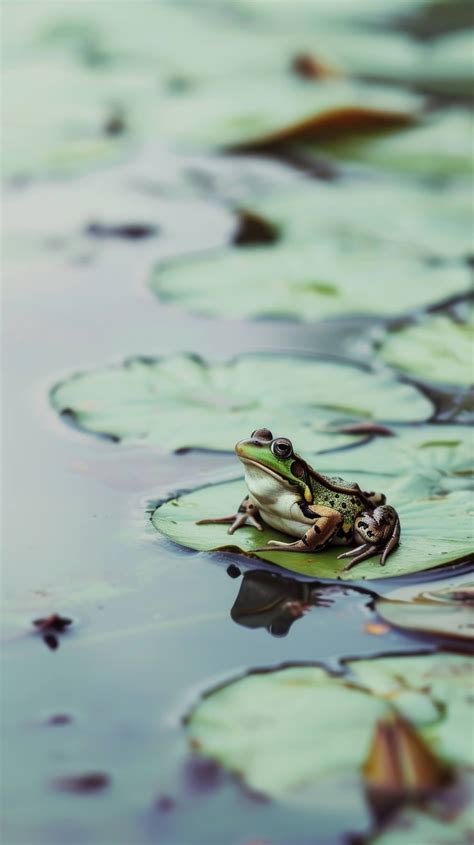 Frog On A Lily Pad Pond Wildlife Amphibian In Natural Habitat Green
