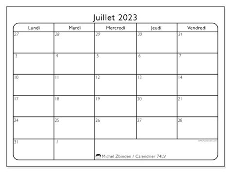 Calendrier juillet 2023 à imprimer 52DS Michel Zbinden CH
