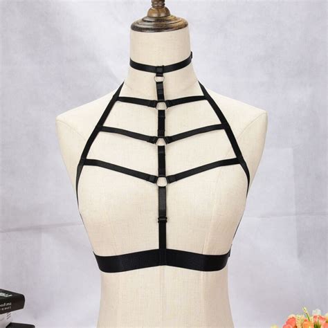jlx harness goth body harness cage sexy lingerie black elastic adjust tops halter bondage bra