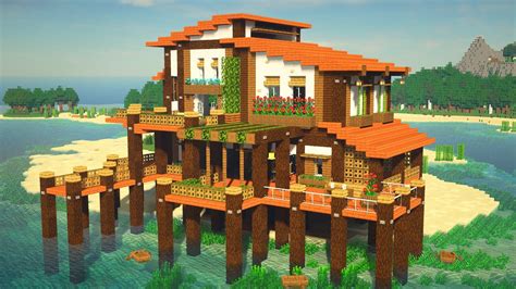 How To Make A Tropical Island Beach House On Water In Minecraft Youtube