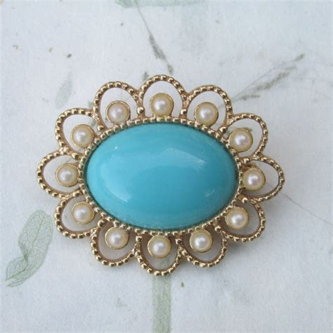 Vintage Sarah Coventry Turquoise And Pearl Filigree Brooch Etsy