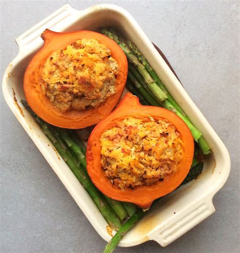 One Pan Meatloaf Stuffed Roast Squash With Asparagus