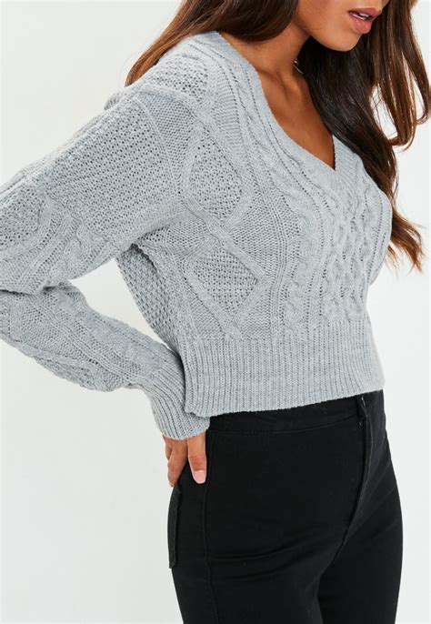 grey v neck cable knitted cropped jumper missguided knitwear women cropped jumper knitwear